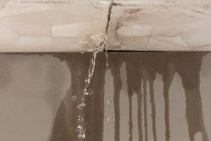 Image of water pouring out of a crack in the ceiling and down the wall.