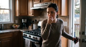 A woman holding her nose while smelling a gas leak inside her home with the door open.