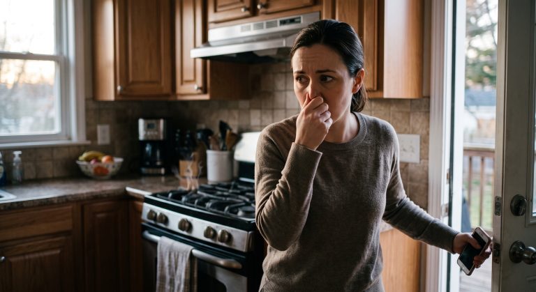 A woman holding her nose while smelling a gas leak inside her home with the door open.